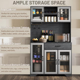 Fatmok Coffee Bar Cabinet, 71" Tall Liquor Wine Cabinet with Power Outlet & LED Lights, Glass Doors, Kitchen Pantry Cabinet with Storage Hutch, Adjustable Shelves, Drawer & Wine Rack for Dining Room Fatmok