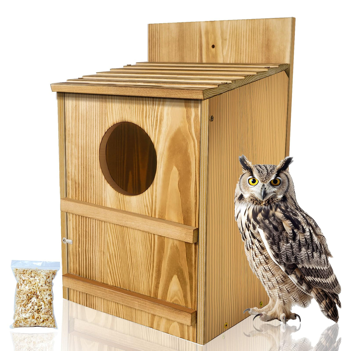 BKISVWCSop Owl House,Wooden Owl Box,Owl Houses for Outdoors, Suitable for Screech Owl Nesting Box and Kestrels, Easy Assembly with Circular Opening, Includes Mounting Screws and Wood Shavings BKISVWCSop