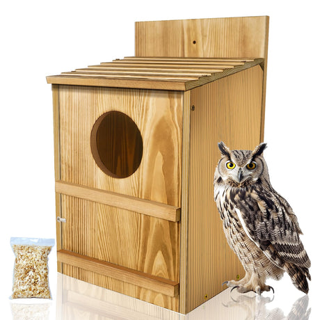 BKISVWCSop Owl House,Wooden Owl Box,Owl Houses for Outdoors, Suitable for Screech Owl Nesting Box and Kestrels, Easy Assembly with Circular Opening, Includes Mounting Screws and Wood Shavings BKISVWCSop