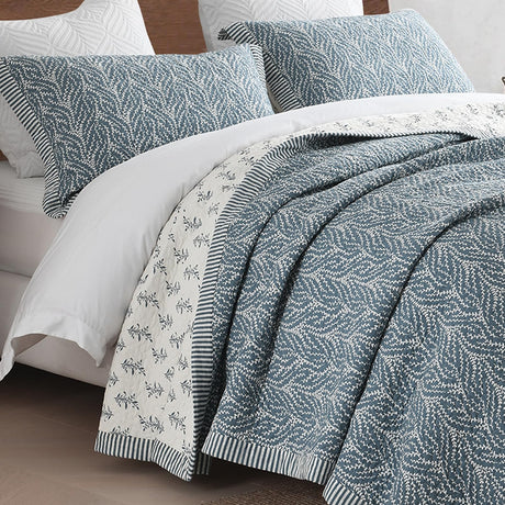 SahSahCasa Quilt Set King Size, 100% Cotton Quilt Bedding Set Bedspread, Botanical Pattern Solid Color Chic Lightweight Quilted Comforter for King Bed, White/Grayish-Blue, All Season, 3 Pieces SahSahCasa