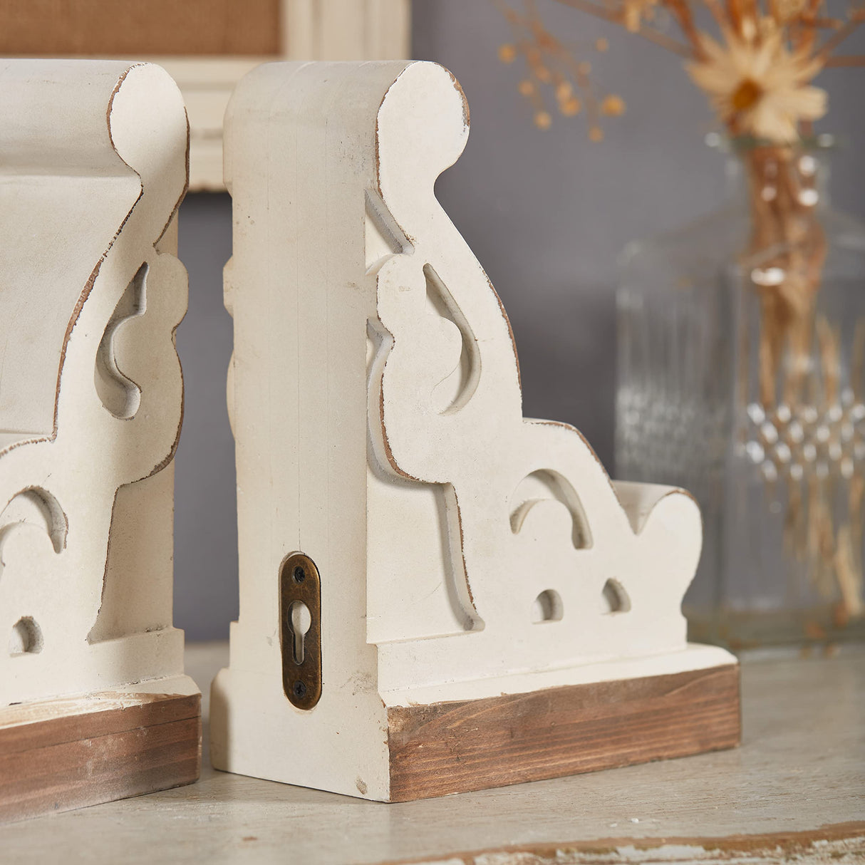 SOFE Corbels for Shelves Countertops, White Wood Bookends Decorative, 1 Pair Farmhouse Book Ends, Sturdy Bookends for Heavy Books, Book Holder Stopper for Home Office Kitchen SOFE