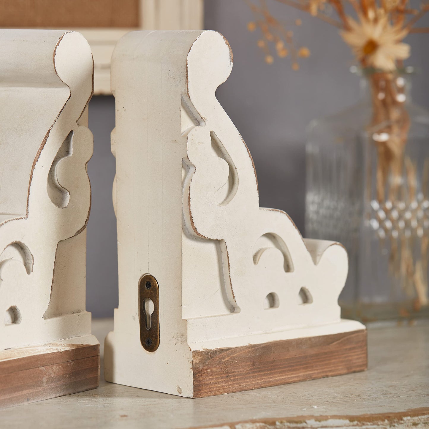 SOFE Corbels for Shelves Countertops, White Wood Bookends Decorative, 1 Pair Farmhouse Book Ends, Sturdy Bookends for Heavy Books, Book Holder Stopper for Home Office Kitchen