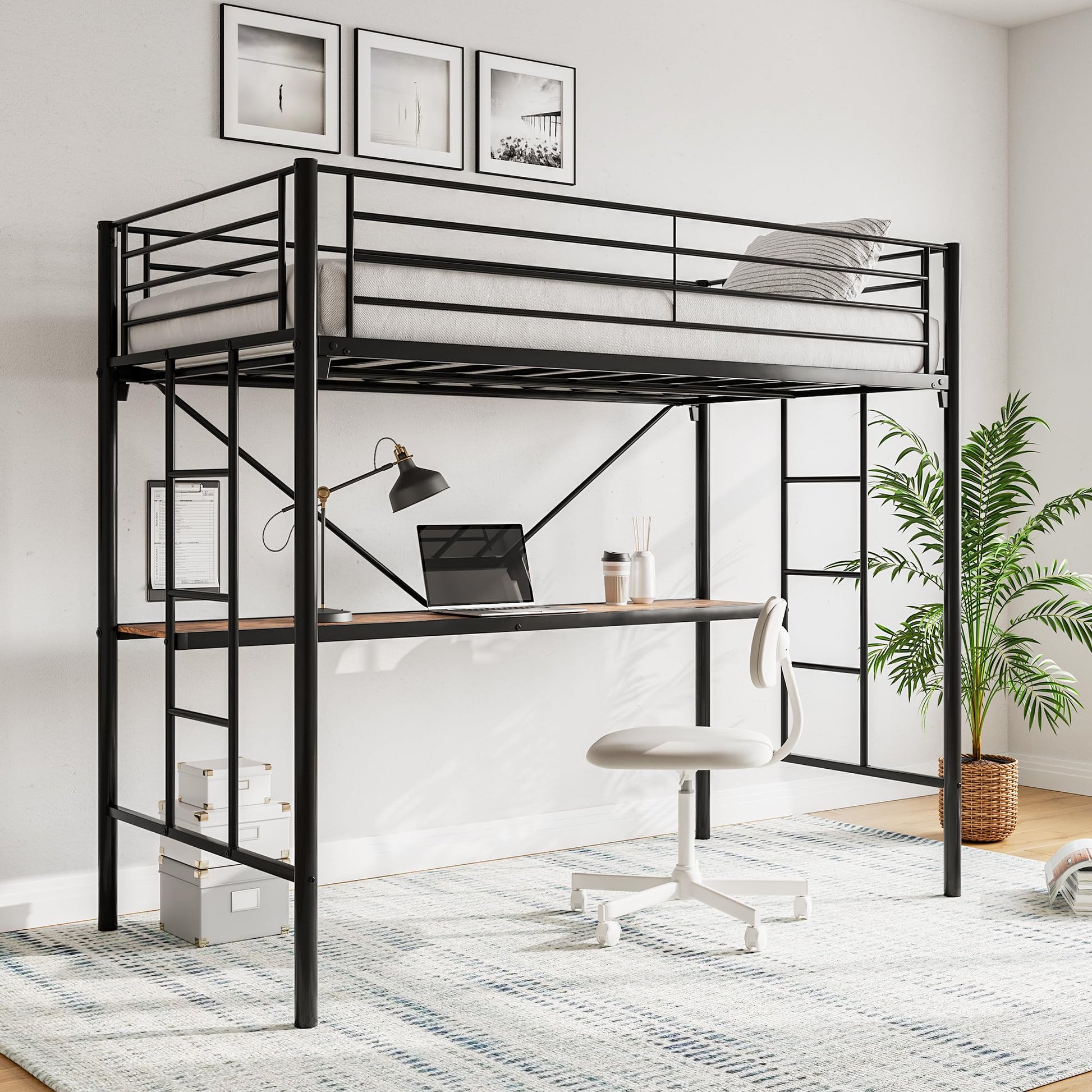 JURMERRY Twin Metal Loft Bed with Desk, Two Ladders, and Safety Guard Rail in Black - WoodArtSupply