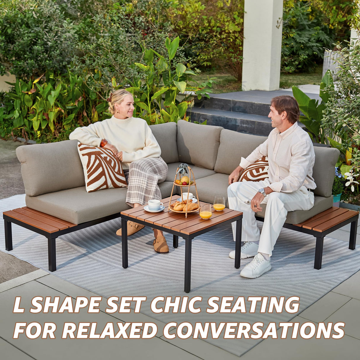 NATURAL EXPRESSIONS Patio Furniture Sets, Metal Outdoor Sectional L Shape Corner Sofa Outdoor Couch with Detachable Backrest,3 Fauxwood Tables,Black Frame,Shale Olefin Cushions for Yard,Garden NATURAL EXPRESSIONS