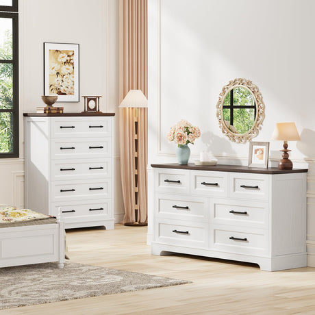 Furmax Farmhouse Dresser for Bedroom, 5 Drawers Dresser, Wood Chest of Drawers, 31.5" Wide Storage Dressers Organizer for Bedroom, Living Room (White and Brown) Furmax