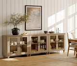 WAMPAT 100 Inch TV Stand with Glass Door, Wood TV Cabinet Entertainment Center for 75/80/85 Inch TV, 3-in-1 Kitchen Buffet Cabinet with 6 Storage Cabinets for Dining Room & Living Room, Oak WAMPAT