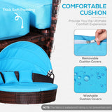 Outsunny 4-Piece Round Convertible Daybed with Cushions, Outdoor PE Rattan Patio Wicker Sofa Set, Sunbed with Adjustable Sun Canopy, Sectional Sofa, 2 Chairs, Table, 3 Pillows, Light Blue Outsunny