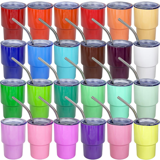 UIRZOTN 3oz Mini Tumbler Shot Glass with Straw and Lid, 24 Pack Stainless Steel Sublimation Shot Glasses for Wedding Party Whiskey Cocktail Bar with Straw and Lid