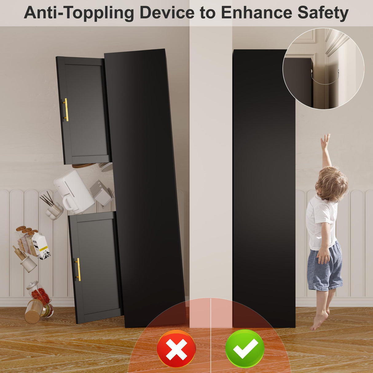 winiowa 71" Tall Kitchen Pantry Storage Cabinet, Metal Bathroom Storage Cabinet with Doors and Adjustable Shelves,Black Kitchen Cabinets with Microwave Stand, Large Cupboard for Bathroom Dining Room winiowa