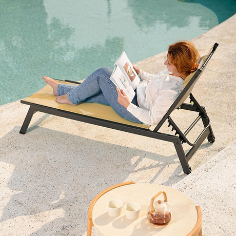 HOMSHADE Outdoor Aluminum Lounge Chair -Set of 2 with 5 Position Adjustable Backrest, Textilene Fabric, Two Wheels, Headrest for Pool, Beach, Beige (No Table) HOMSHADE