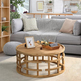 RUSTOWN Farmhouse Round Coffee Table, French Country Sofa Tables,Rustic Soild Wood Finish with Openwork Pattern and Curved Frame Base, Boho Handcrafted Wooden Coffee Table for Living Room, Natural RUSTOWN