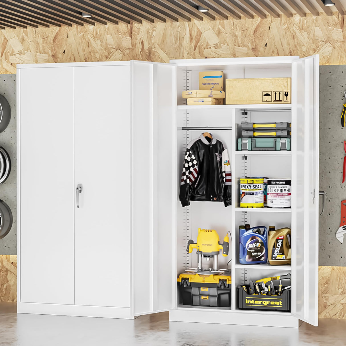 INTERGREAT Metal Wardrobe Closet, 72" White Locking Storage Wardrobe Cabinet with Doors and Shelves, Tall Steel Clothes Storage for Office, Home, School, Gym INTERGREAT