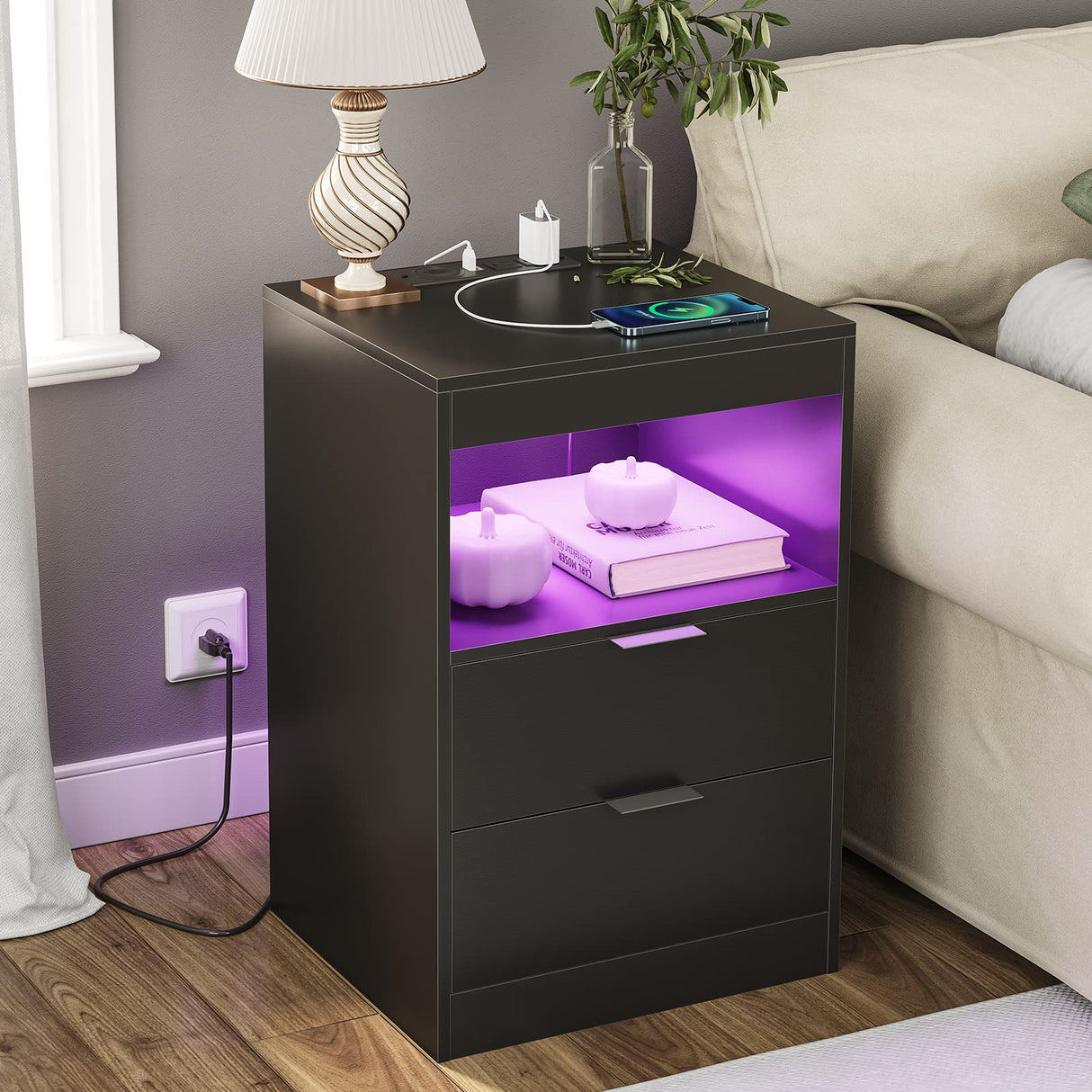 Tiptiper Black Nightstand with Wireless Charging Station and LED Lights, Bedside Table with 2 Drawers, Open Storage, 1 Pull-Out Tray, End Side Table with Charging Station, LED Night Stand with Storage Tiptiper