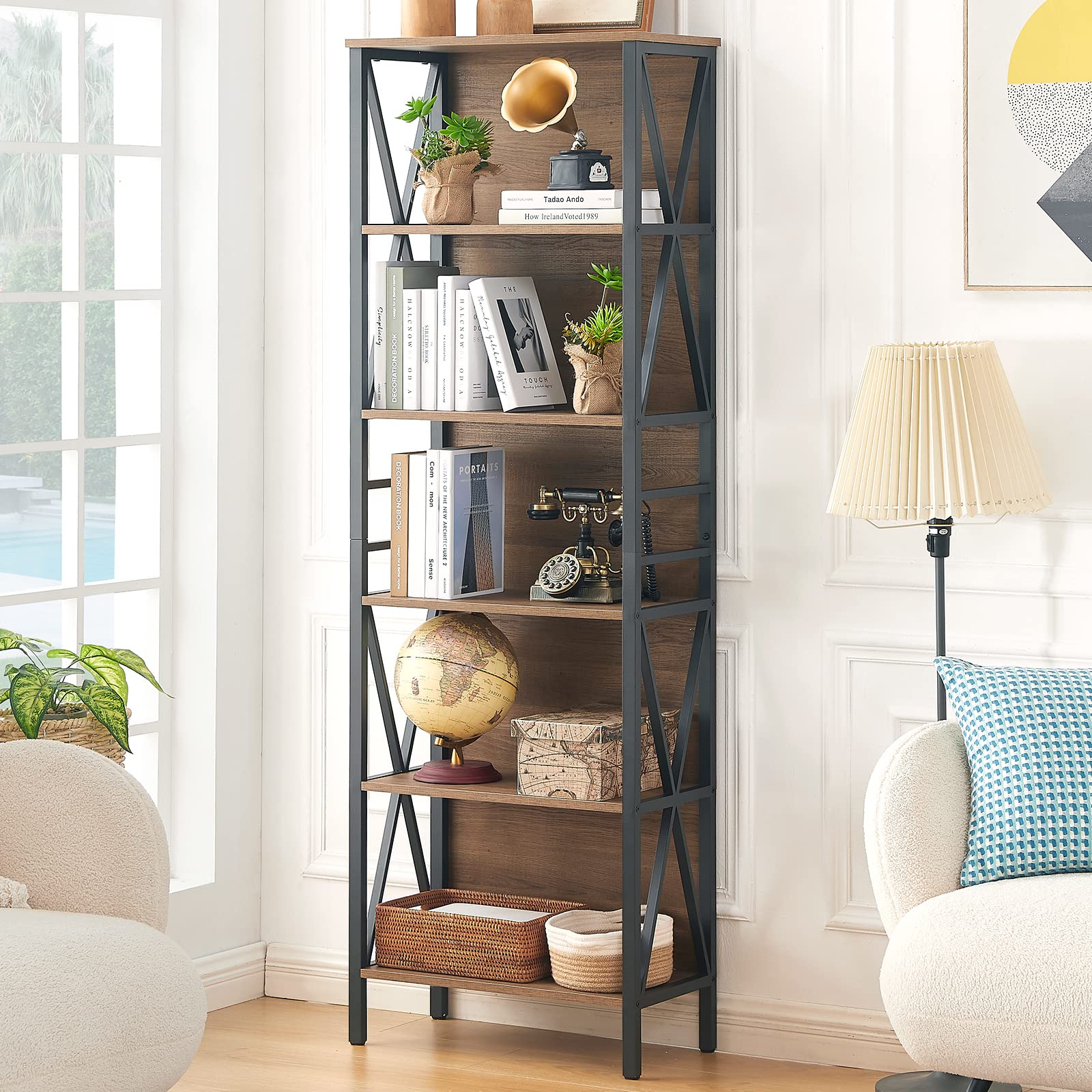 HOMISSUE Vintage Brown 6-Tier Rustic Industrial Bookshelf for Home and Office - WoodArtSupply