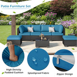 U-MAX 7 Piece Outdoor Patio Furniture Set, PE Rattan Outdoor Wicker Sectional Furniture Chair Set with Cushions and Tea Table, Black Rattan and Peacock Blue Cushion U-MAX