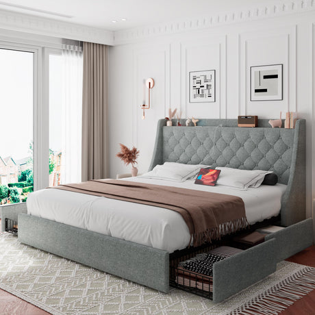 King Size Upholstered Bed Frame with 4 Storage Drawers, USB Ports & Wingback Headboard by iPormis in Light Gray iPormis