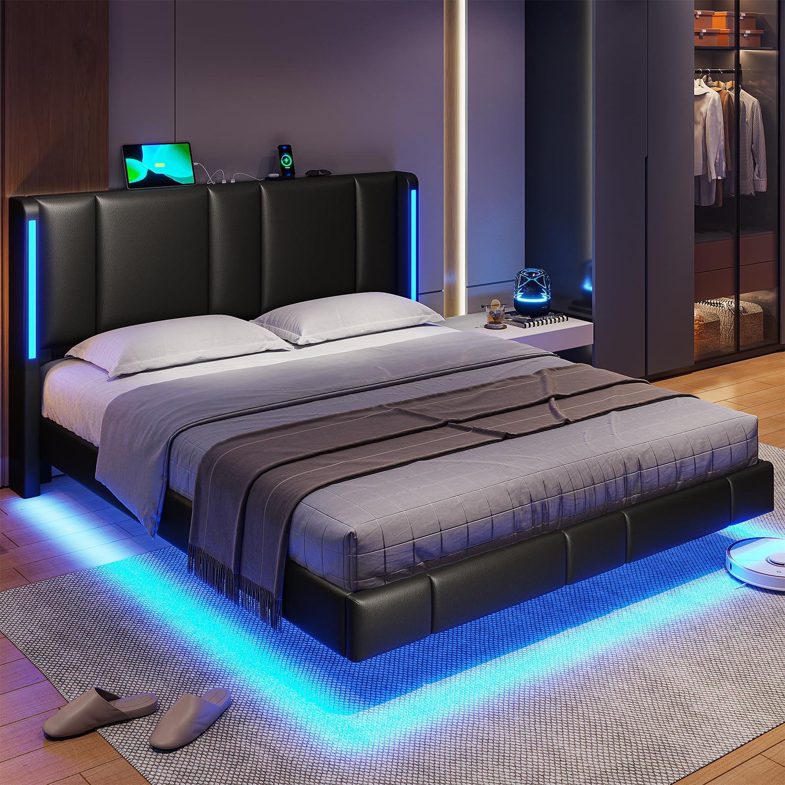 MSmask Floating Queen Bed Frame with LED Lights, Faux Leather Headboard & USB Ports - WoodArtSupply