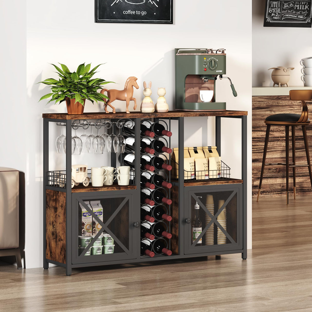 Homeiju Mini Bars for Home, Wooden Coffee Bar Cabinet, Modern Liquor Cabinet for Liquor and Glasses, Farmhouse Buffet Wine Bar Cabinet with Storage Sideboard for Home Kitchen Dining Room Homeiju