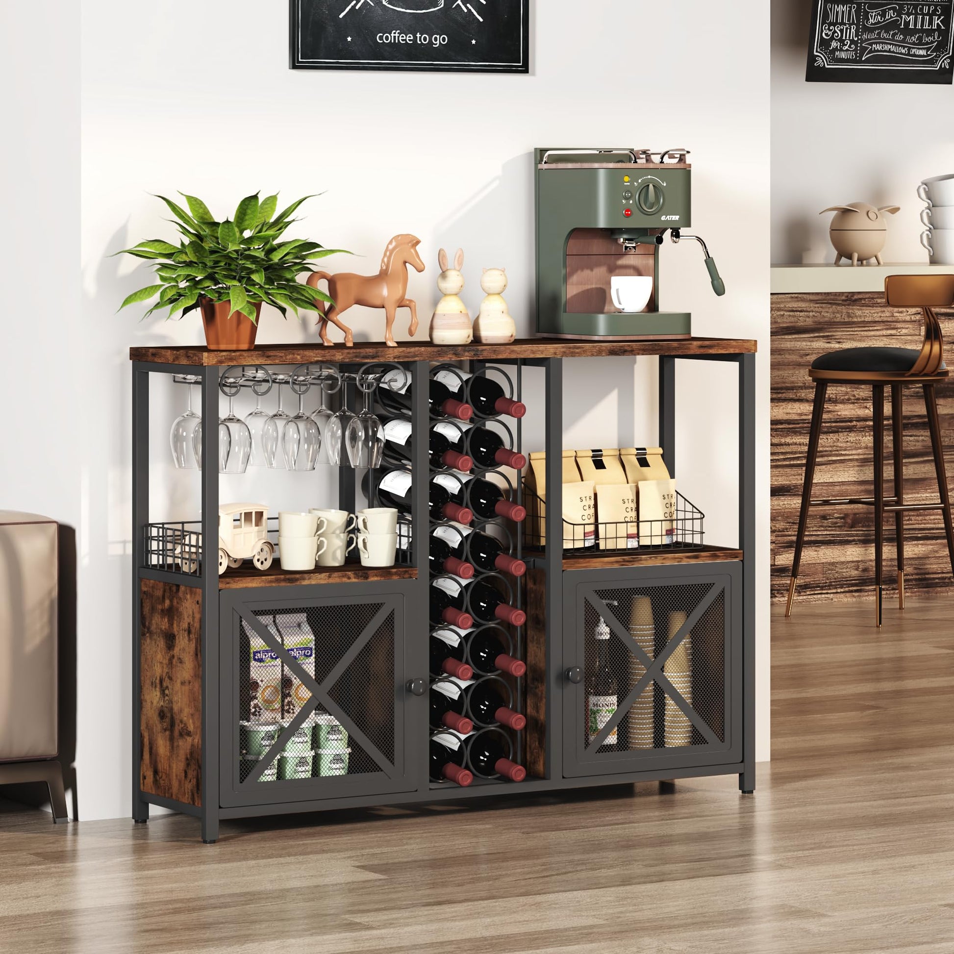 Homeiju Mini Bars for Home, Wooden Coffee Bar Cabinet, Modern Liquor Cabinet for Liquor and Glasses, Farmhouse Buffet Wine Bar Cabinet with Storage Sideboard for Home Kitchen Dining Room - WoodArtSupply