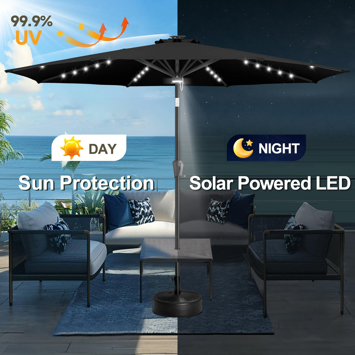 FLAME&SHADE 10 ft Solar Powered Outdoor Market Patio Table Umbrella with LED Lights and Tilt, Black FLAME&SHADE