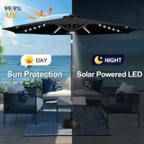 FLAME&SHADE 10 ft Solar Powered Outdoor Market Patio Table Umbrella with LED Lights and Tilt, Black FLAME&SHADE