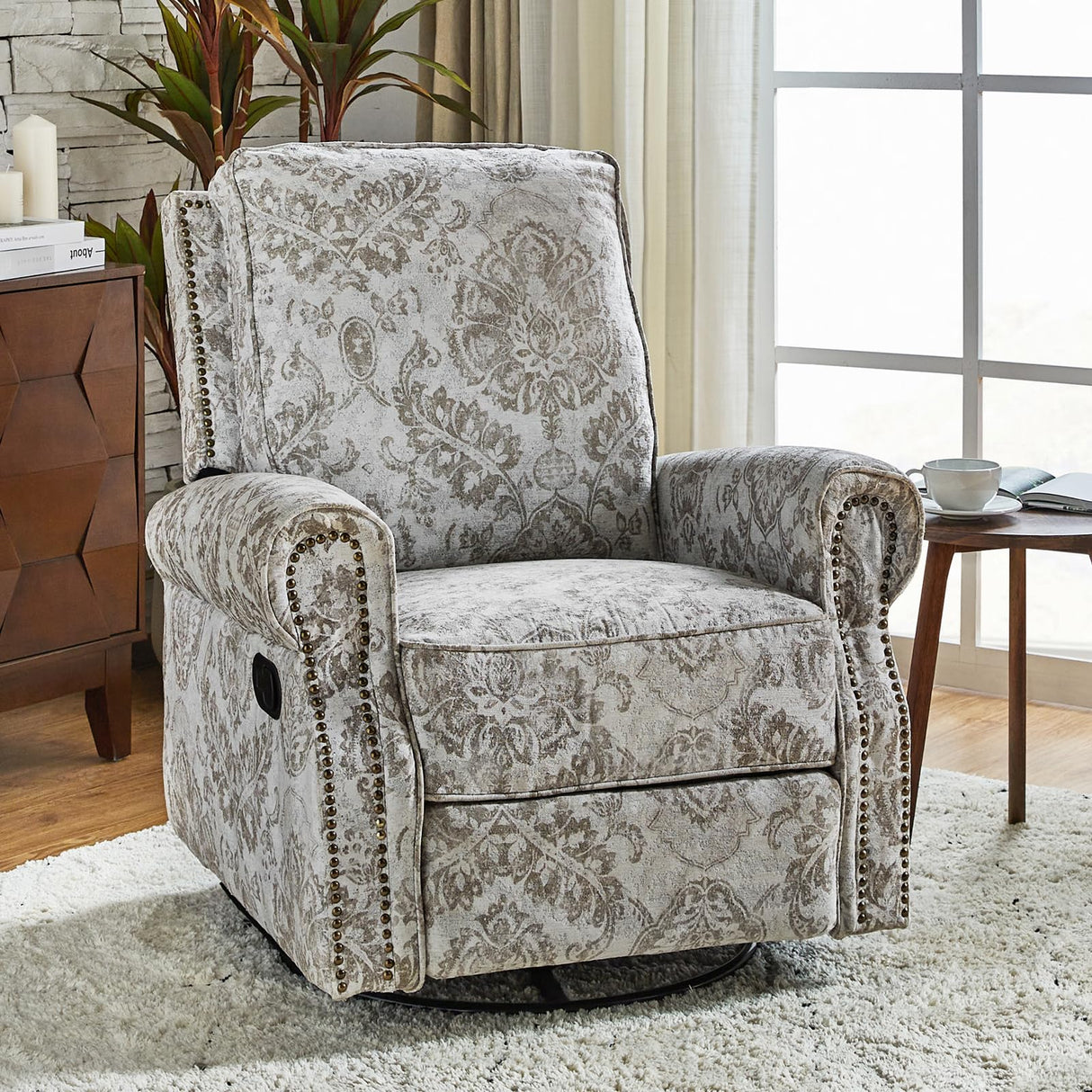 HULALA Home Swivel Rocker Recliner Set of 2, Modern Printed Fabric Swivel Recliner Chair for Adults Glider with Adjustable Backrest & Footrest, Beige HULALA HOME