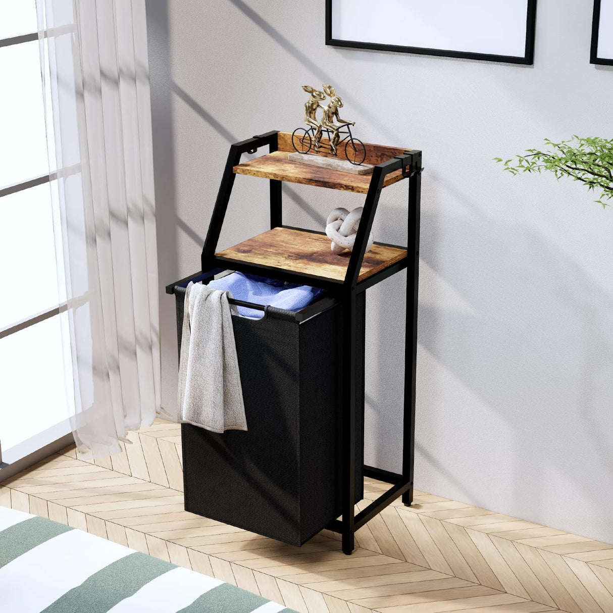 Timberer Laundry Hamper, Laundry Sorter, Rolling Laundry Basket with Wheels, 2 Shelves, 18 Gal(68L), Pull-Out and Removable Oxford Fabric Bags, for Laundry Room, Black and Rustic Brown Timberer