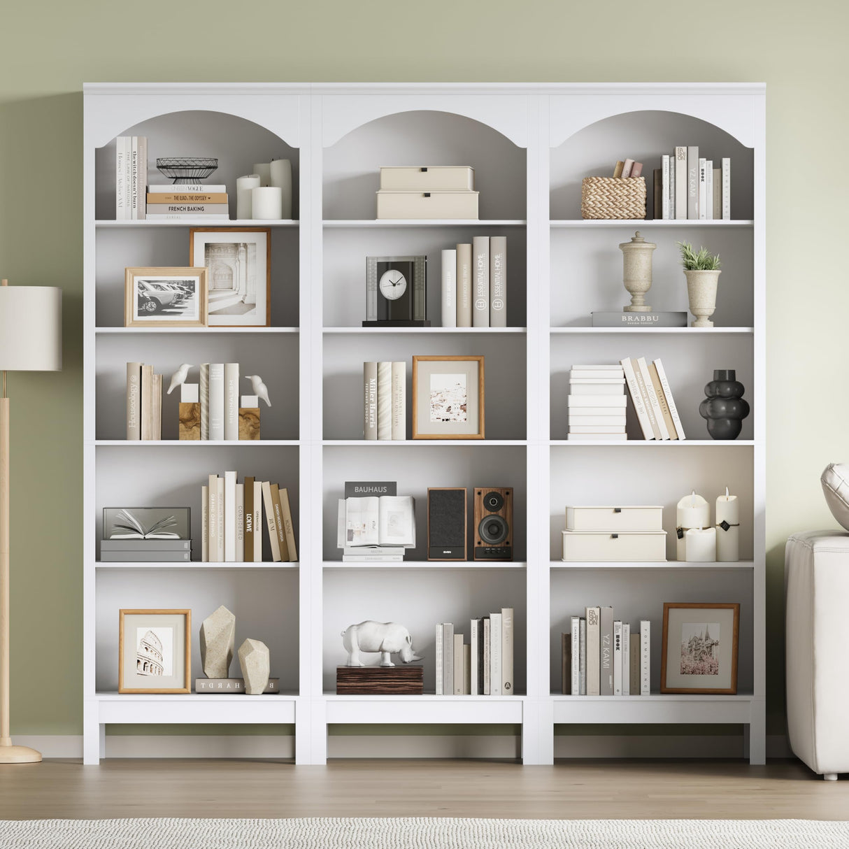 Arched Bookshelf with 5 Tier Open Shelves, 71" Tall Wood Bookcase with Adjustable Shelves, 24" Wide Floor Standing Display Storage Shelf for Home Office, Kitchen, Study and Living Room, Modern White jmhdyg
