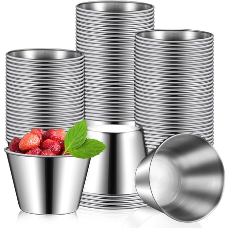 100 Pcs 2.5oz Stainless Steel Sauce Cups Dipping Cups Mental Condiment Cups Sauce Container Round Dipping Bowls Condiment Ramekins for Dish Butter Kitchen Restaurant Serving Party Dinner Cooking Mimorou