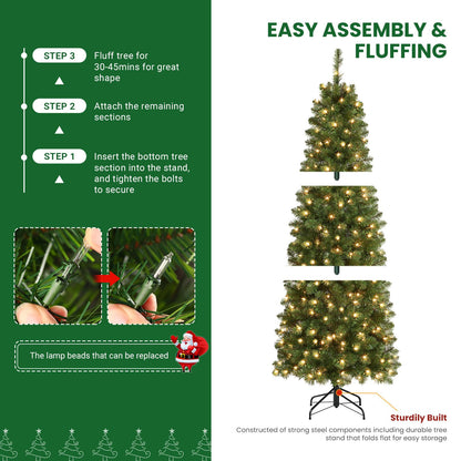 SHareconn 7.5ft Prelit Artificial Hinged Slim Pencil Christmas Tree with Warm White Lights, Full Branch Tips, Perfect Choice Decoration for Xmas Holiday, 7.5 FT, Green