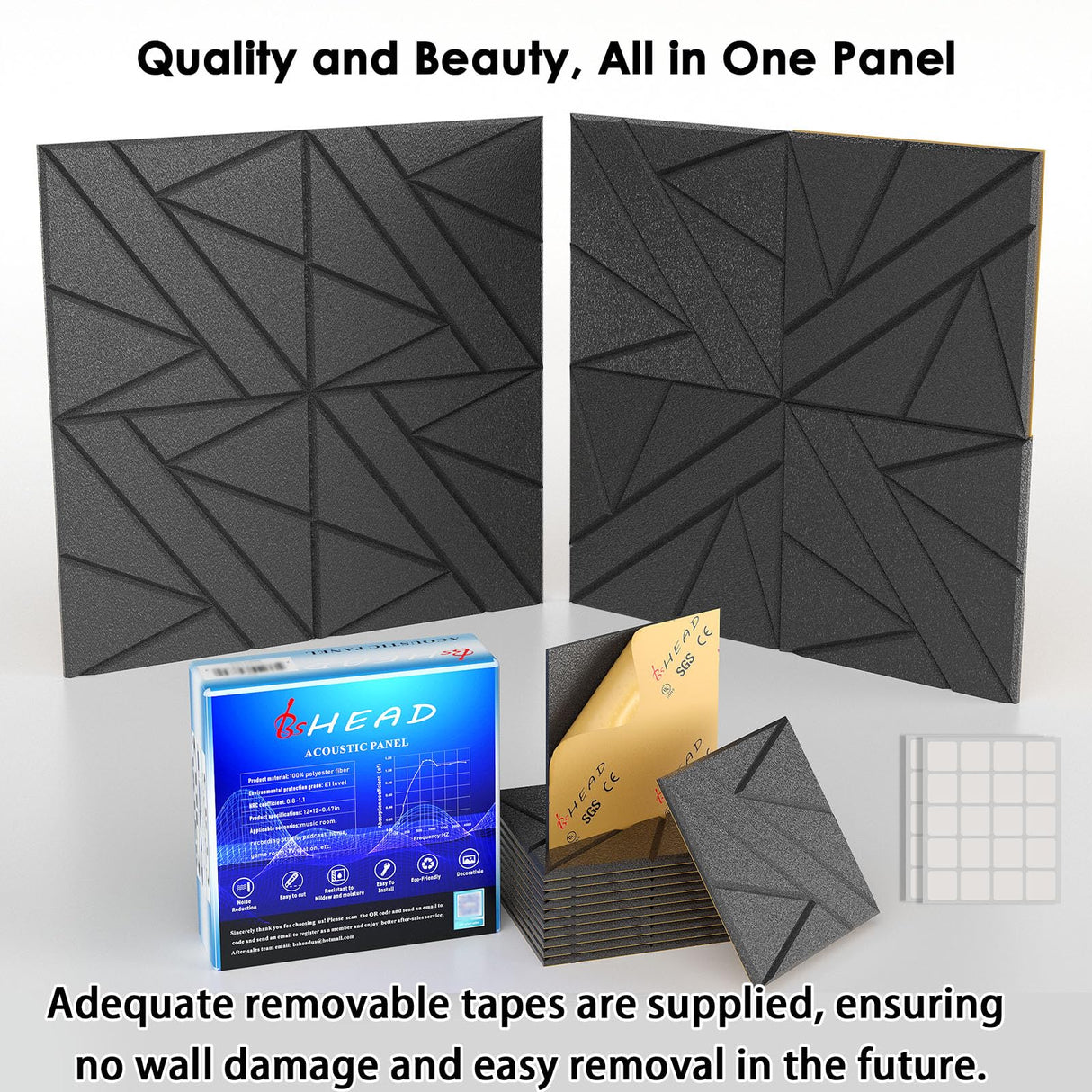 8 Pack Self-Adhesive Soundproof Wall Panels, 12 x 12 x 0.47 In Sound Proof Foam Panels for Walls, 1.2lb/ft³ High Density, Thicker 0.47in, Acoustic Panels, Noise Dampening Panels Studio Black BSHEAD