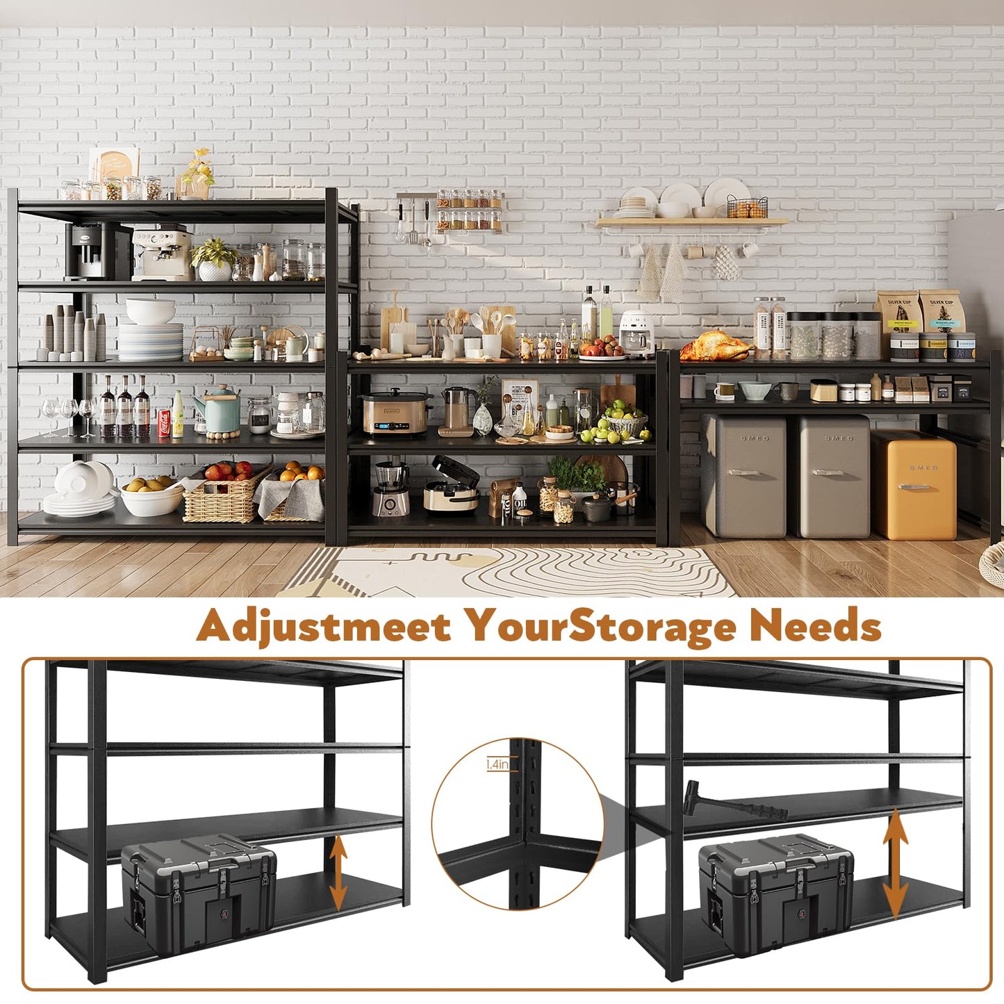 Howzone 48.2" W Garage Shelving 3000LBS Storage Shelves Heavy Duty Garage Storage Shelves Adjustable 5 Tier Metal Shelves for Storage Industrial Heavy Duty Shelving Utility Shelf 24.2"Dx48.2"Wx 72.2"H