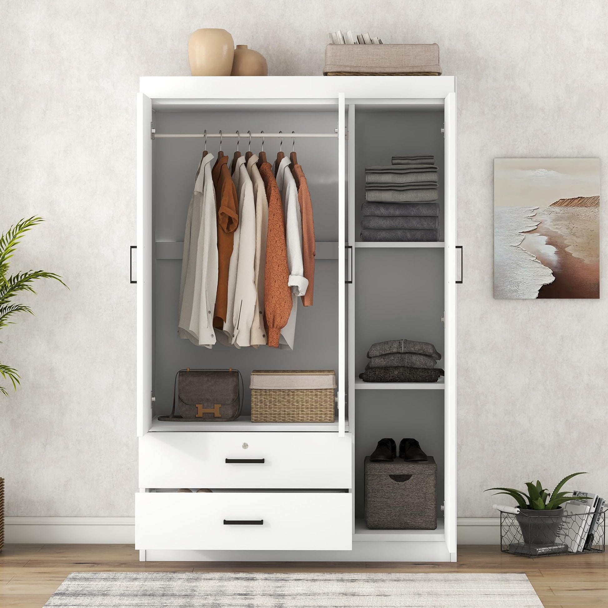 Quarte Modern 3-Door Wardrobe with 2 Drawers, Shelves and Hanging Rail, Freestanding Armoire Wardrobe Closet, Clothes Storage Cabinet Organizer (White/Wardrobe) - WoodArtSupply