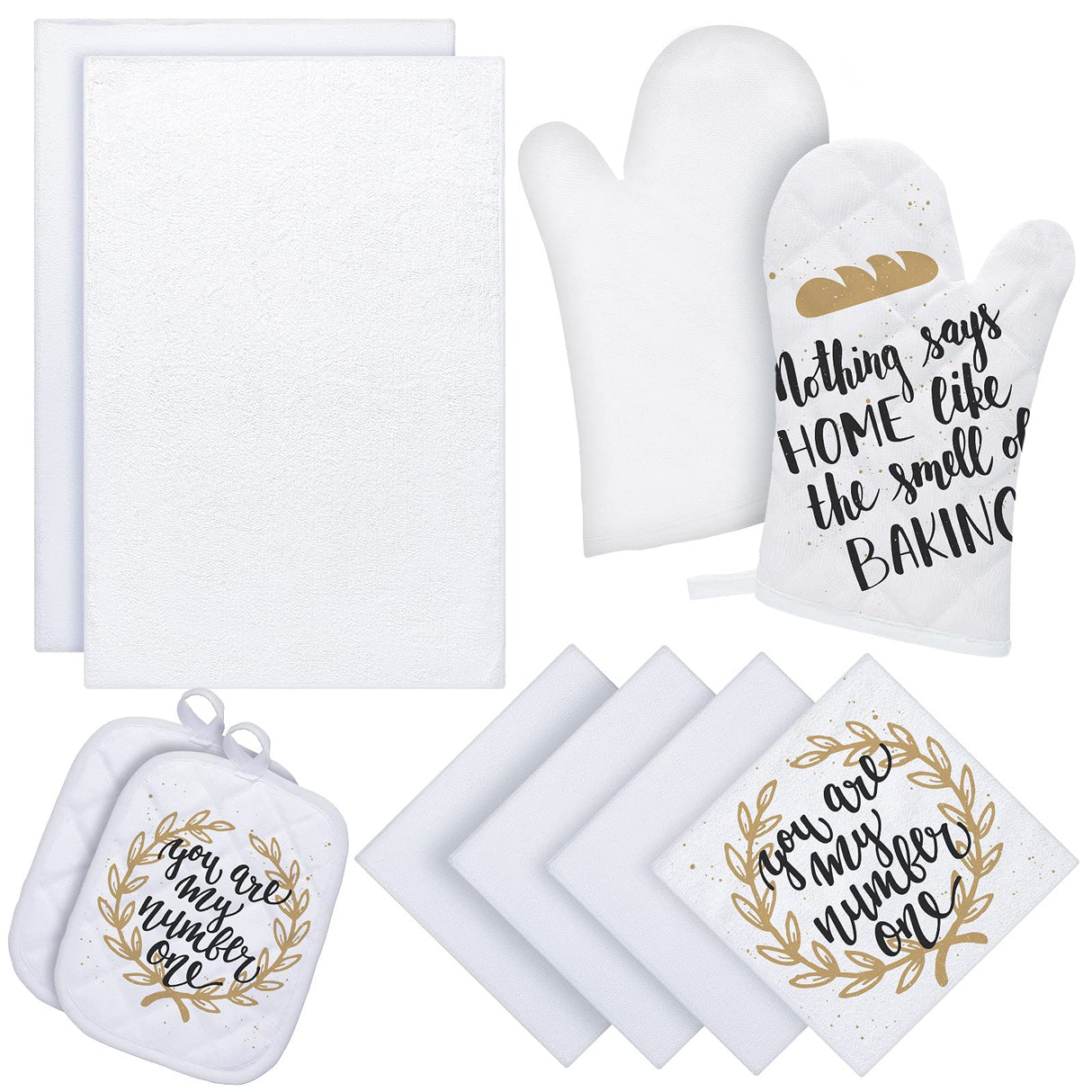 10 Pieces Blank Sublimation Oven Mitts Set Include 2 Sublimation Heat Resistant Oven Gloves 2 Blank Sublimation Hot Pads Pot Holders 2 Towels and 4 Dish Towels for Kitchen Cooking (White) Cunhill