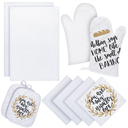 10 Pieces Blank Sublimation Oven Mitts Set Include 2 Sublimation Heat Resistant Oven Gloves 2 Blank Sublimation Hot Pads Pot Holders 2 Towels and 4 Dish Towels for Kitchen Cooking (White)