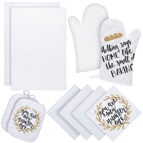 10 Pieces Blank Sublimation Oven Mitts Set Include 2 Sublimation Heat Resistant Oven Gloves 2 Blank Sublimation Hot Pads Pot Holders 2 Towels and 4 Dish Towels for Kitchen Cooking (White) Cunhill