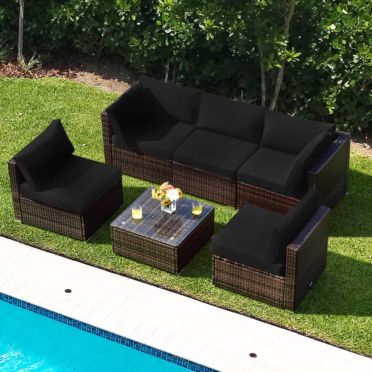Tangkula 6 Pieces Patio Furniture Set, Outdoor Wicker Conversation Set with Glass Coffee Table, Wicker Sofa Set with Back & Seat Cushions, Rattan Sectional Conversation Couch Set for Backyard Garden Tangkula