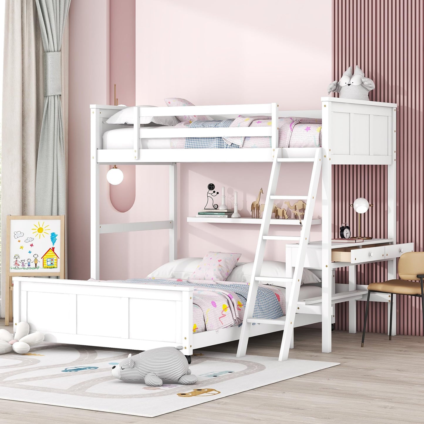 Bellemave Twin Over Full Bunk Bed with Desk and Movable Underbed in White - WoodArtSupply