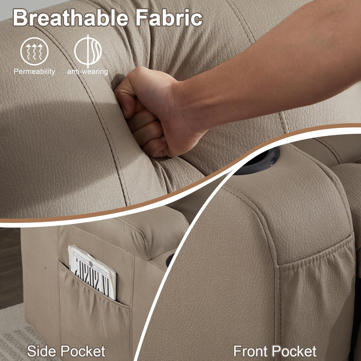 SAMERY 65.5" RV Loveseat Recliner Double Recliner RV Sofa & Console | Wall Hugger Loveseat Reclining RV | RV Theater Seats | RV Couch | RV Home Theater Seating Furniture (Fabric Khaki) SAMERY