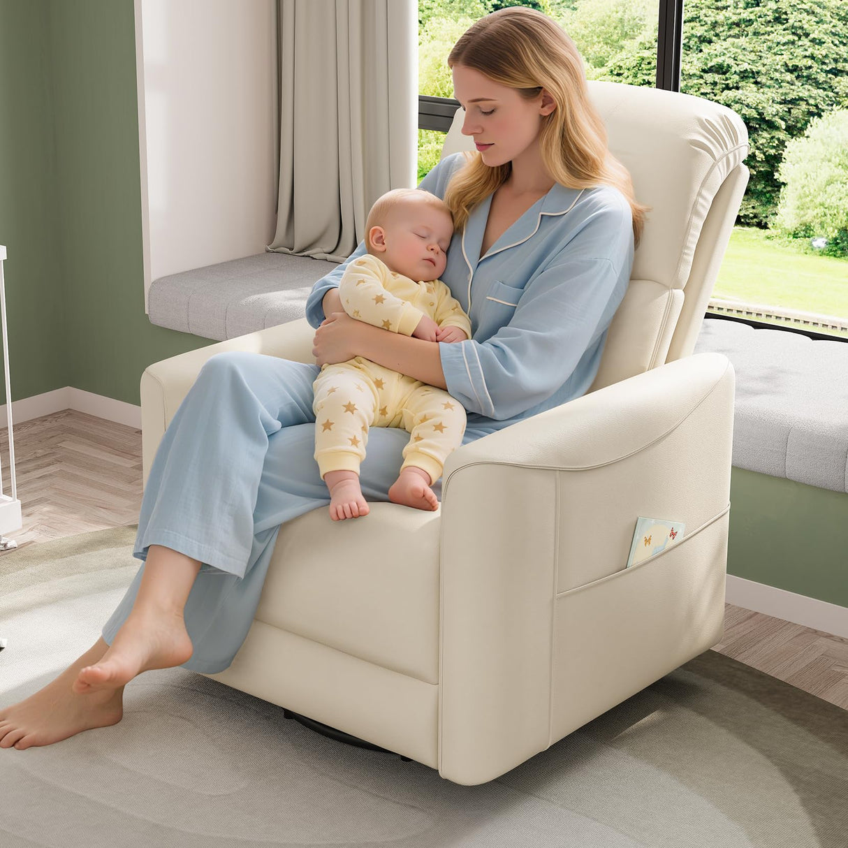 Welzona Power Swivel Rocker Recliner, 360° Swivel Nursery Rocking Chair, PU Leather Glider Rocking Recliner, Infinite Position Electric Chair for Adults with USB Port for Living Room, Beige White Welzona