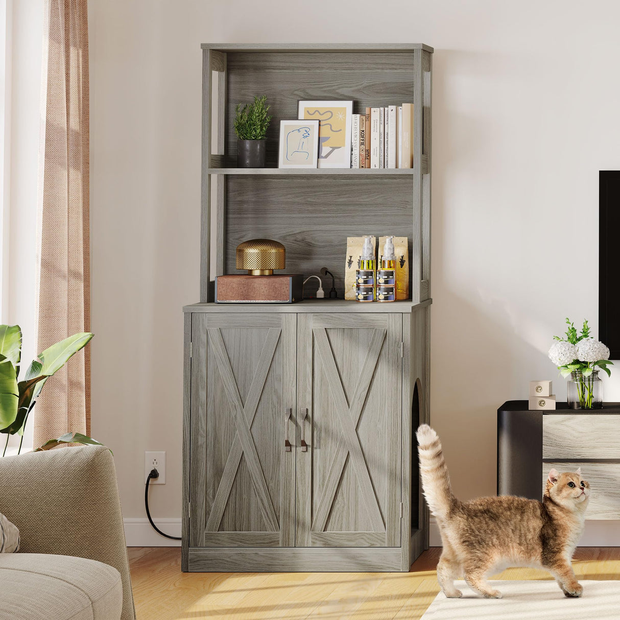 DWVO Large Hidden Litter Box Furniture with Shelves and Charging Station, Wooden Enclosure for Self-Cleaning Litter Boxes, Grey DWVO