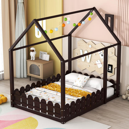 Harper & Bright Designs Montessori Full Size House Bed with Fence-Shaped Guardrails for Kids - Espresso - WoodArtSupply