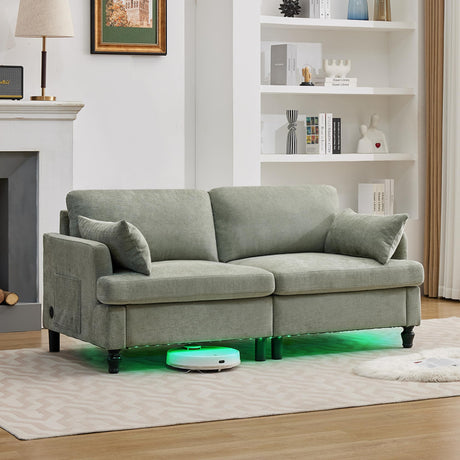 Opiesit 68.9” Loveseat Sofa Couch, Modern Comfy 2 Seat Chenille Couches, Spring Cushions & Solid Wood Frame, Small Couch with LED Light/USB Charging Function for Living Room, Bedroom, Apartment, Cyan Opiesit