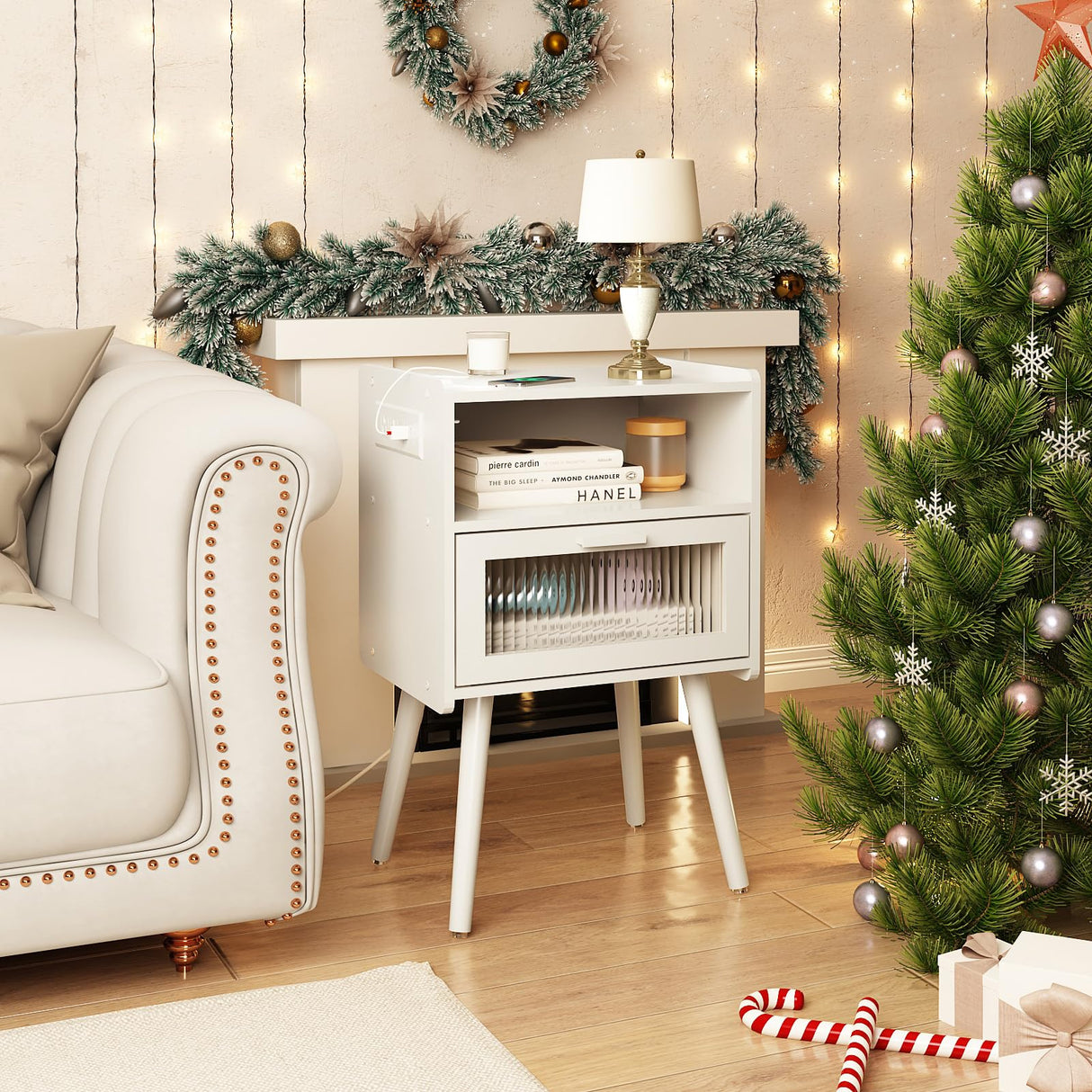 Mid Century Modern Nightstand with Charging Station, Bedside Tables with Glass Drawer, End Table Side Table with 2 Tiers Storage Space, for Bedroom, Living Room, White SOOWERY