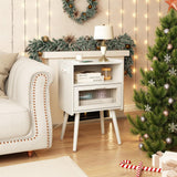 Mid Century Modern Nightstand with Charging Station, Bedside Tables with Glass Drawer, End Table Side Table with 2 Tiers Storage Space, for Bedroom, Living Room, White SOOWERY