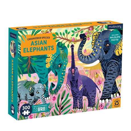 Mudpuppy Asian Elephants Endangered Species 300 Piece Puzzle from Mudpuppy - Celebrate Threatened Creatures with This Jigsaw Puzzle for Kids, 1% Donated to Born Free USA, 24" x 18", Ages 7+ Mudpuppy