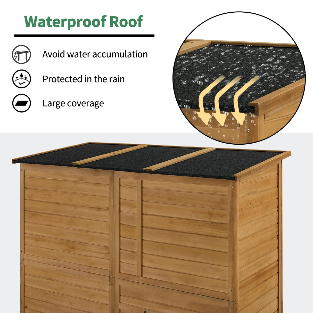 MCombo Outdoor Storage Cabinet, Outside Wooden Storage Cabinet with Waterproof Asphalt Roof and 3 Shelves, Tall Tool Shed with 1 Foldable Table for Yard, Garden, Patio, Lawn 1815 MCombo
