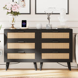 Irontar Rattan Nightstand with Charging Station, Night Stand with 3 Large Rattan Drawers, Accent End Table, Bedside Table with Solid Wooden Legs for Bedroom, Black and Natural BZZ006BME Irontar