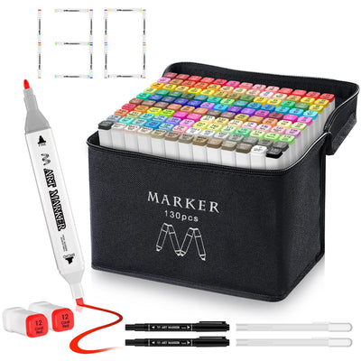 Banral 130 Colors Dual Tip Alcohol Based Markers, Twin Sketch Art Markers Set Pens for Artists Kids Adult Coloring Drawing Sketching Card Making Illustration, Premium Brush Markers with Case