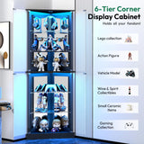 Lamtor 72" Corner Display Cabinet with Glass Doors, 6-Tier Showcase Curio Cabinet for Collectibles with Dynamic LED Lights, Modern Display Case for Living Room, Black Lamtor
